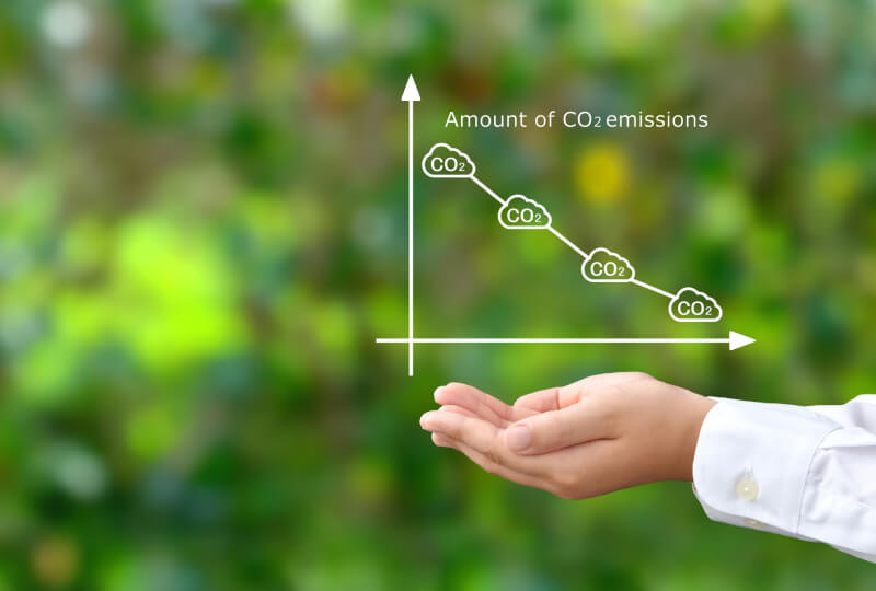 新緑の背景とCO2削減のイメージ図