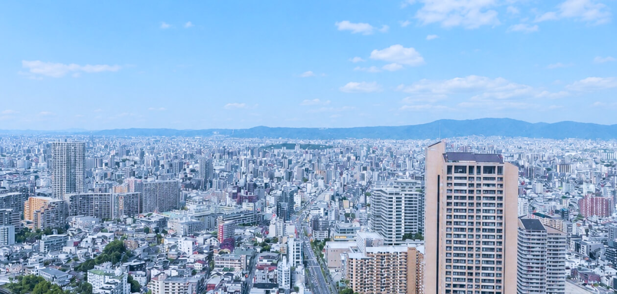 青空の下、ビルが立ち並び遠くに山々が見える広大な街並み